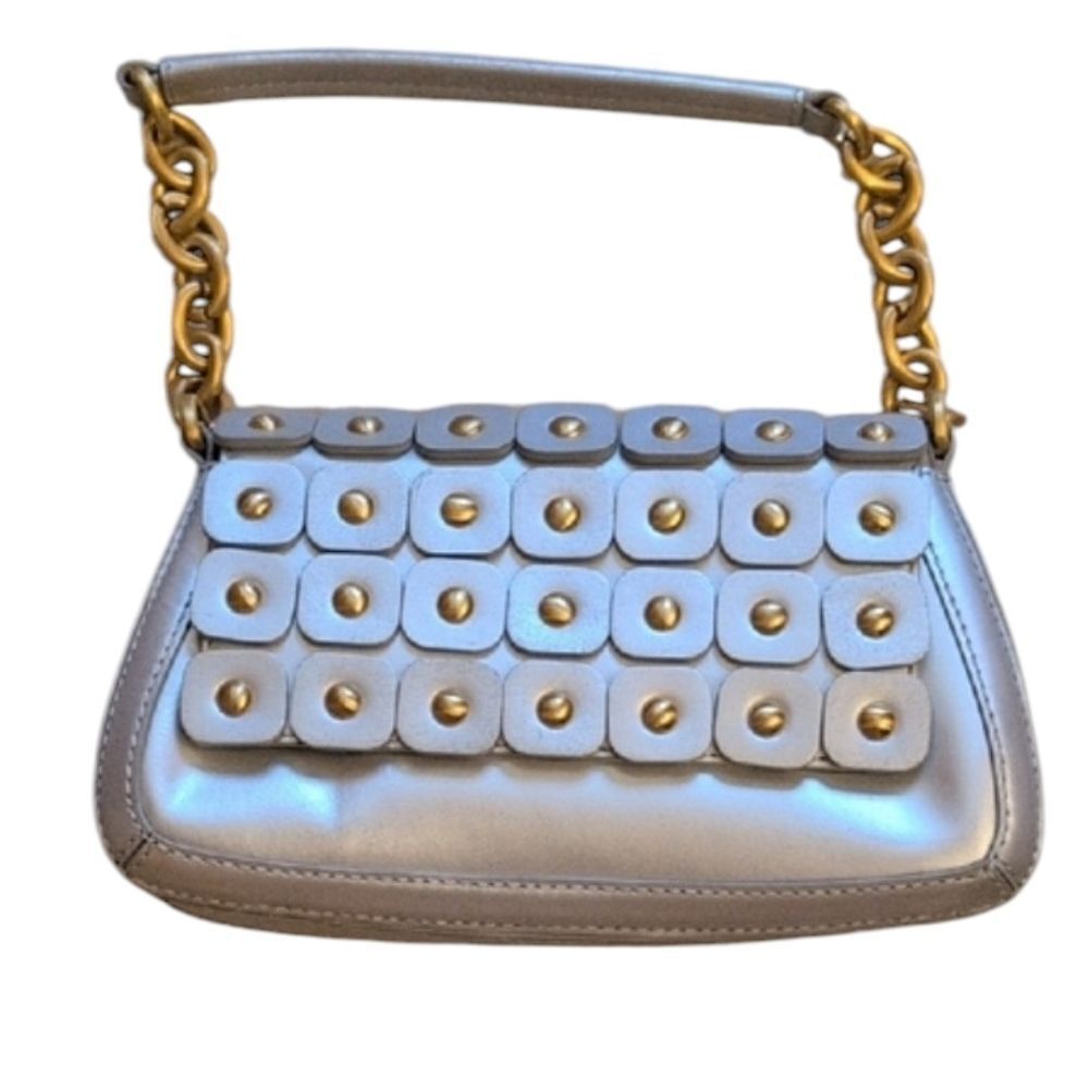 Maxx New York Genuine Leather Shoulder Bag Gold Studded Metallic Silver